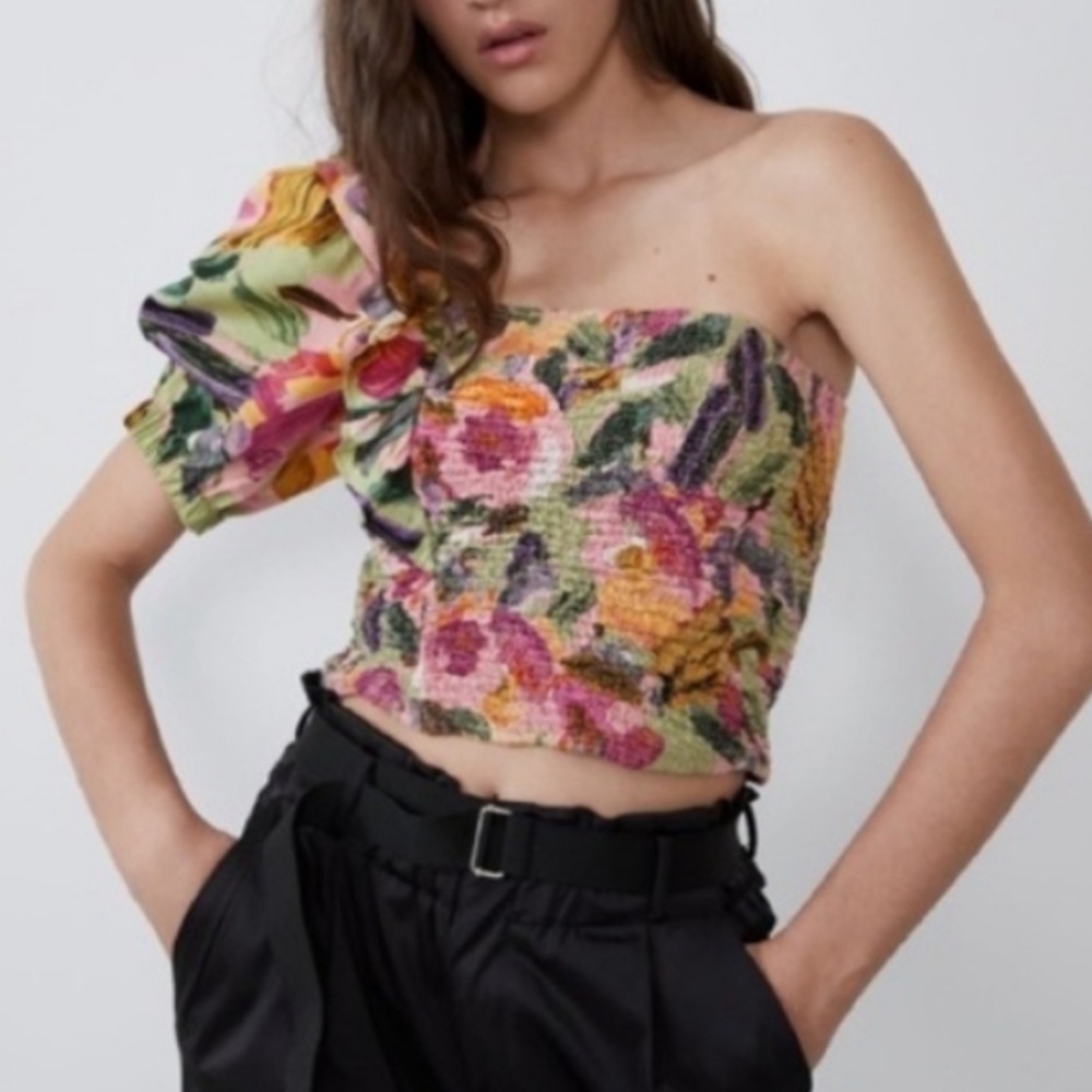 Zara Floral One Shoulder Smocked Top